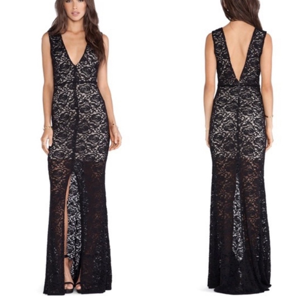 Alice + Olivia Mia Lace Maxi Dress Black See Through Deep Plunge V Neck Slit 4